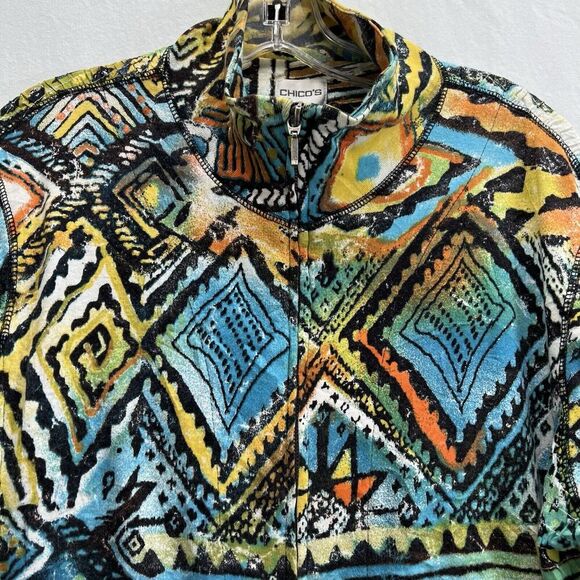 Chicos Full Zip Jacket Size 2 Large Tribal Art To Wear Long Sleeve Smocked Back - Picture 2 of 14